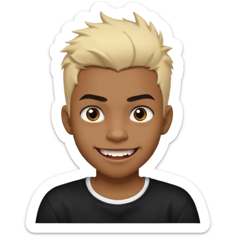Black Male Teenager with Short punk messy blonde hair, Dark brown bushy eyebrows large expressive golden-brown eyes, wearing a plain white t-shirt, Dark Brown skin color. vampire tooth sticker