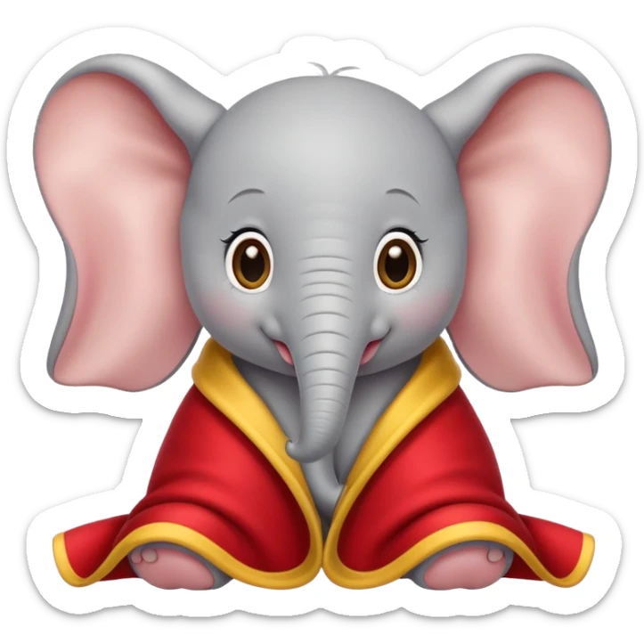 baby white dumbo elephant (disney-style), cozy in a red blanket with yellow trim sticker