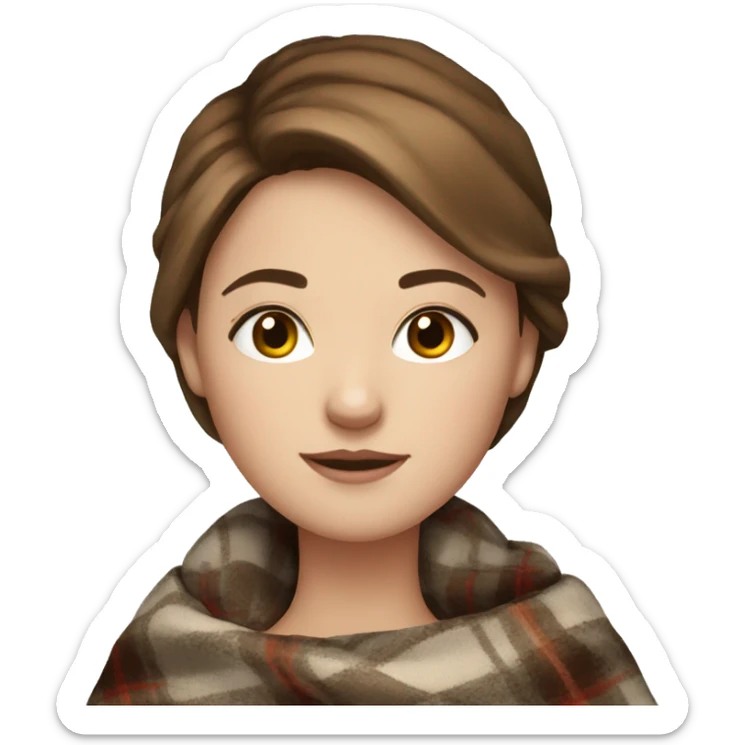 white girl short brown hair wrapped in cozy plaid blanket sticker