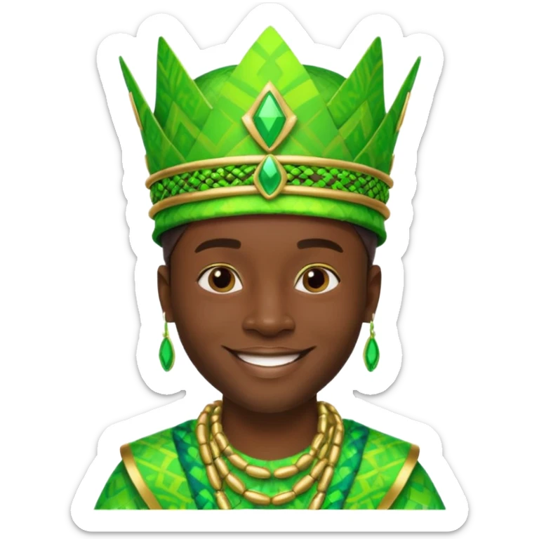 Create me an emoji of a cool Young Nigerian king wearing a neon green gradient African patterns with metallic "hula hat" (a Nigerian-inspired hat).  sticker
