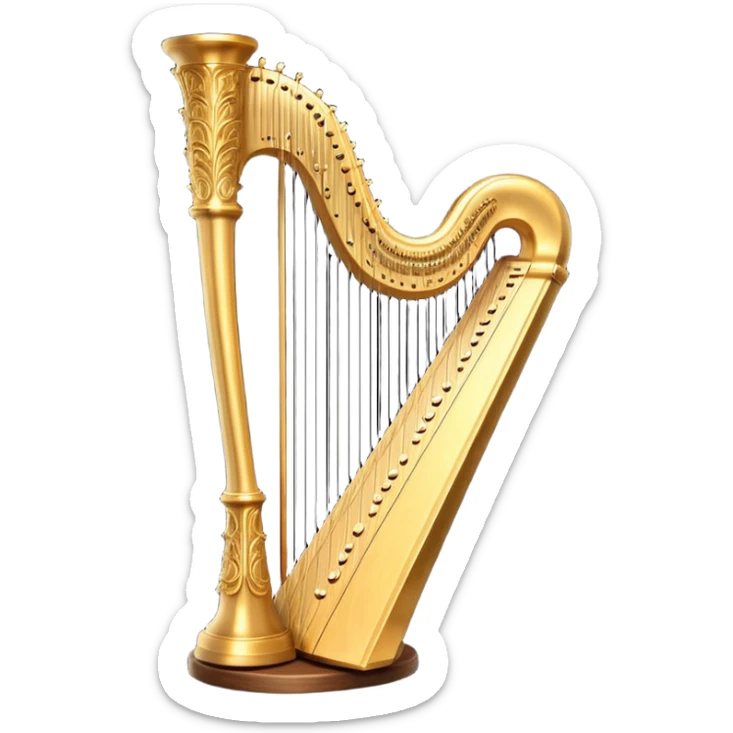 Cinematic Realistic Harp, a grand golden harp with intricately carved details, delicate strings shimmering under soft candlelight, rich wood tones adding warmth, a musician’s gentle fingers plucking a note, glowing with an ethereal and majestic aura. sticker