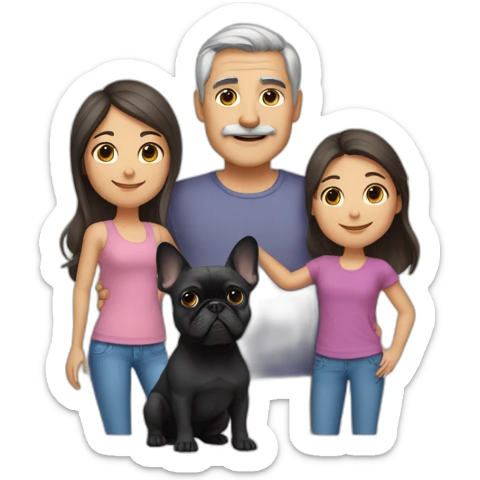 Family-of-four-father-without-mustache-mum-with-grey-hair-and-two-brunettes-daughters-with-long-hair-and-just-one-black-French-bulldog sticker