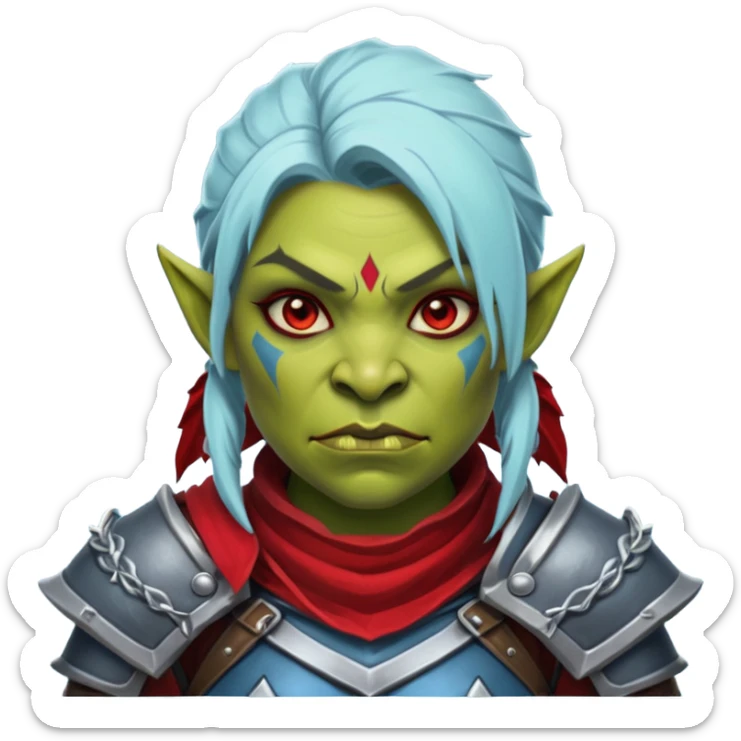 Fantasy Christmas orc legion soldier icon, iron tundra army theme, heavy winter armor, disciplined brutal look, dark icy steel armor with bold crimson cloth and markings, cold blue shadows, high contrast, clean emoji portrait style, female variant sticker