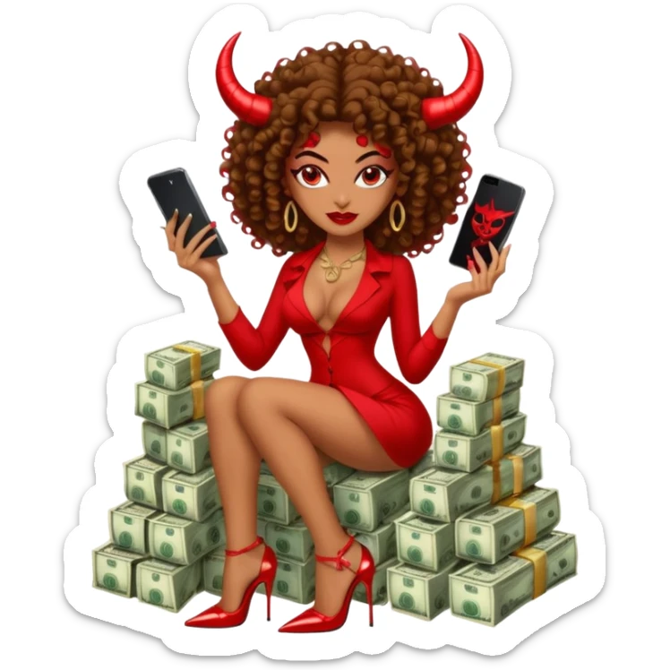 seductress evil brown curly haired sexy drug lord woman with clear glittery platform heels on her feet and devil red horns on her head, holding a stack of cash, has a phone in other hand sticker