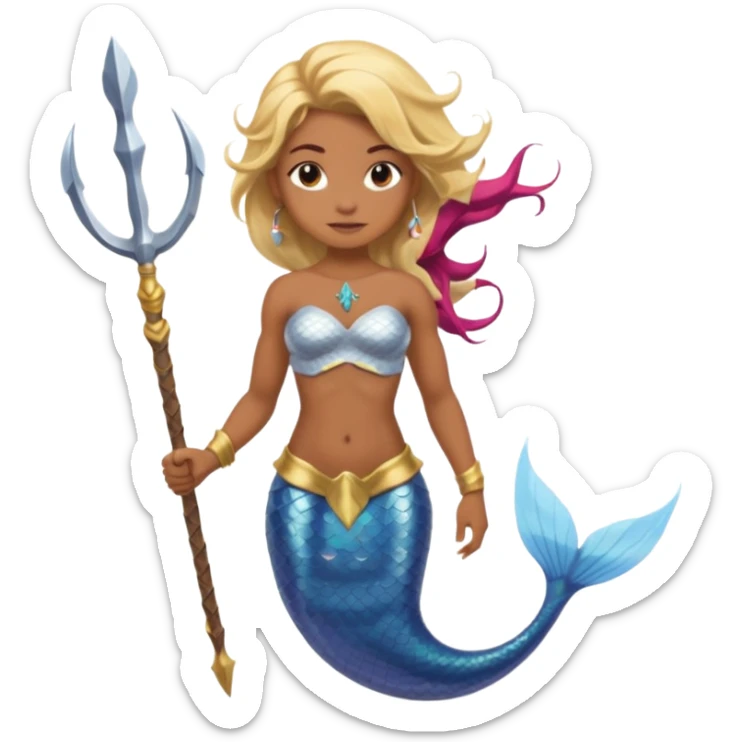 Mermaid with Trident – Warrior brown skin, blonde hair mermaid with weapon sticker