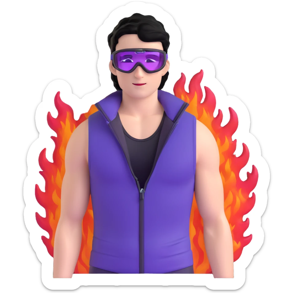 male athlete with white skin and moderately curly black hair on top with shaved sides, wearing ski goggles with purple frames and very dark black lenses, a simple plain black chain necklace, and a completely unzipped sleeveless vest with purple and black sequin fire pattern design, fully revealing his chest, shoulders and arms, no earrings sticker