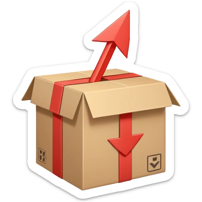 Minimal line-art icon of a shipping box with an arrow going up or a price tag, simple modern style, clean outlines, slightly 3D, no background, transparent, represents “reselling / e-commerce / flipping items” sticker