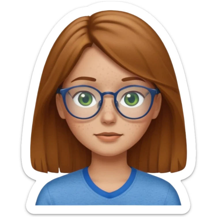 Create an emoji of a girl with light brown hair medium length hair, green eyes, freckles, glasses and wearing a blue shirt sticker
