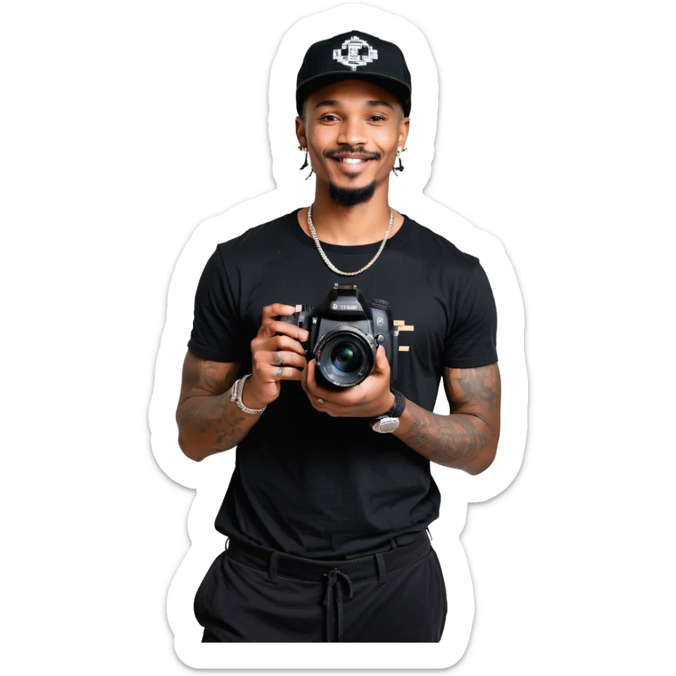 A young, black, South African, male cinematographer dressed in a black round neck t-shirt, black pants and black baseball cap holding a mirrorless dslr camera in one hand. Dark brown eyes. Bright white smile. Minimal facial hair — a small moustache connected to a goatee. Arms covered in tattoos. sticker