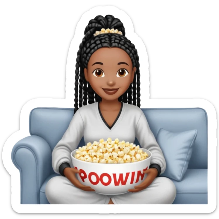 A dark-espresso skinned Black woman with black box braids, holding a large bowl of popcorn in her lap, smiling, wearing comfy loungewear sitting on couch. sticker