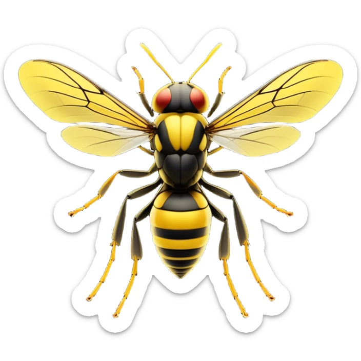 Cinematic Noble Wasp Portrait Emoji, Poised and formidable, with a sleek, slender body in bold yellow and black hues, angular, translucent wings and sharp, focused eyes exuding determined intensity, Simplified yet strikingly defined features, highly detailed, glowing with a cool, assertive radiance, high shine, intelligent and vigilant, stylized with an air of natural precision, focused and alert, soft glowing outline, capturing the essence of a watchful wasp that appears ready to buzz out of the screen with commanding presence! sticker