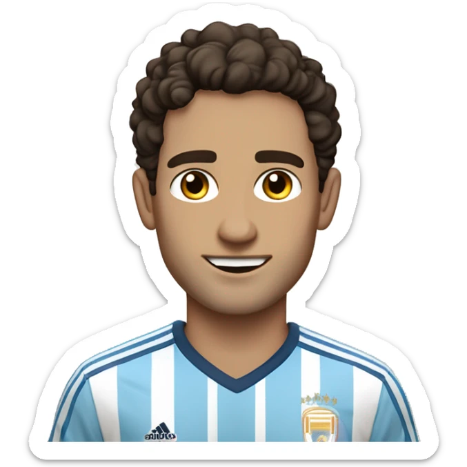 Slender, dark-haired man, around 30 to 40 years old, brown eyes, short hair on the sides, slightly longer and somewhat curly on top, waving friendly while wearing an Argentina national team jersey sticker