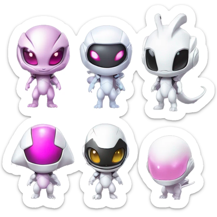 White, Chibi, White body, Anthro-Sona-Lizard-Alien-Salazzle-Mew-Mewtwo-Fakémon, with pink eyes, with a futuristic visor-helmet, wearing a techwear-suit, Full Body sticker