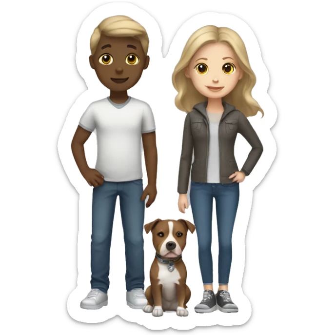Boy with brown hair and blonde girl with a grey pitbull sticker