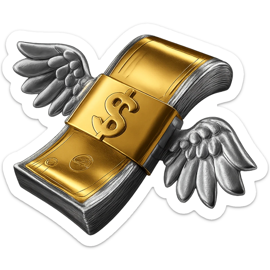Make the money gold and shiny, keep the wings and all other areas chrome and metallic, no background. sticker