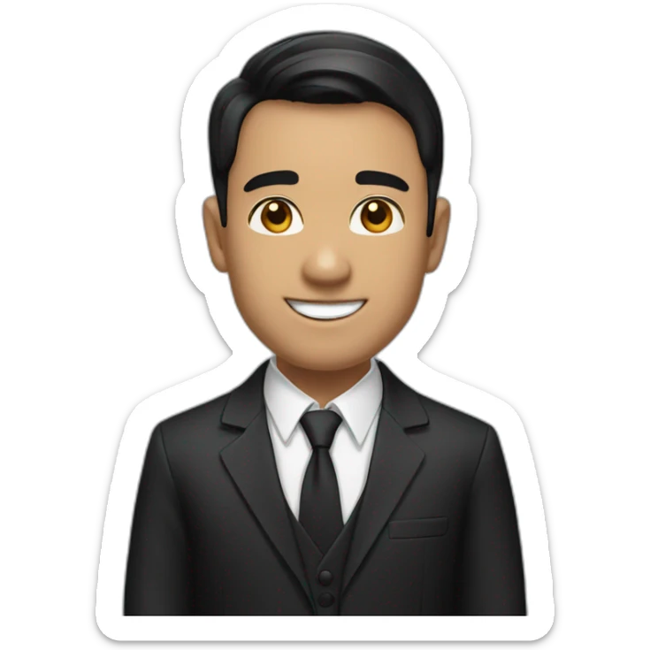The person in the image has short, dark hair and a clean-shaven face. He has a friendly smile and is wearing a black suit and white shirt. sticker
