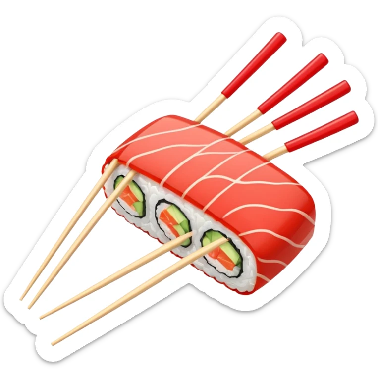 Japanese cuisine humanless avatar in minimalist emoji-style illustration. Sushi, roll and 2 chopsticks, clean lines, red white colors, flat design, calm and modern. sticker