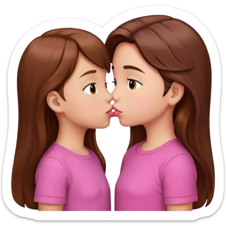 two 5 year old gals about to kiss on the lips, lips extremely close but not touching, pink shirts, long brown hair sticker