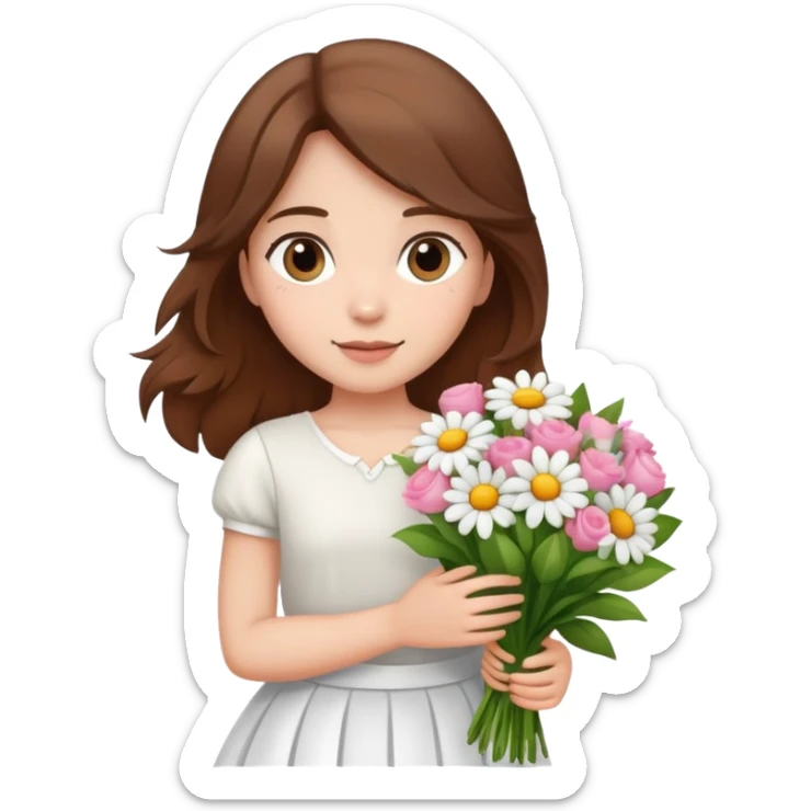 girl with brown hair wearing a white skirt holding a bouquet of flowers sticker
