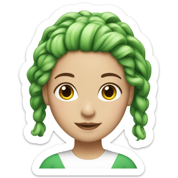 White woman with green long hair and a bun sticker
