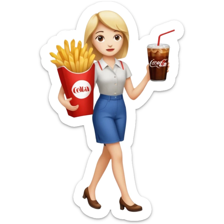 a young woman full length with cola in one hand and french fries in the other hand and a painting under her arm walking left sticker