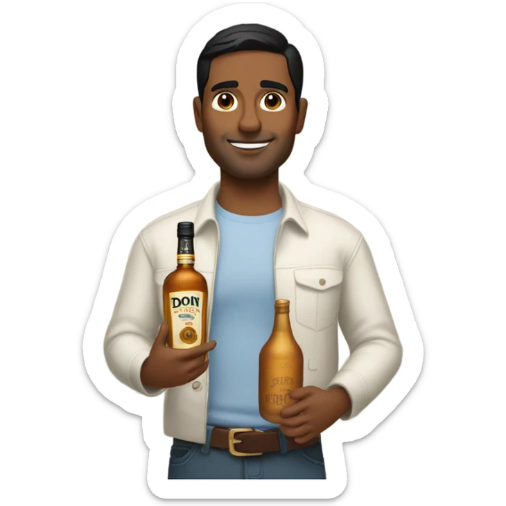 brown man with short straight black hair holding a bottle of don julio sticker