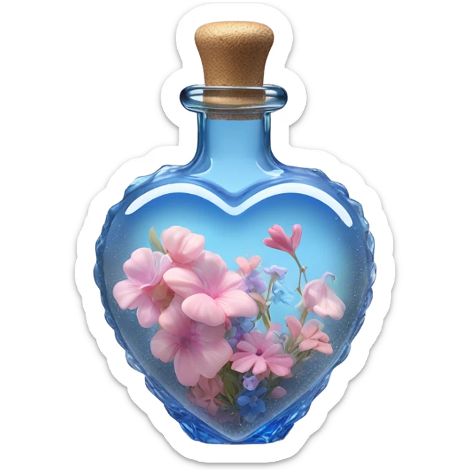 Antique oil heart bottle made of crystal glass of gentle colors of the blue and pink, a living flower fairy sits at the bottom of the bottle sticker