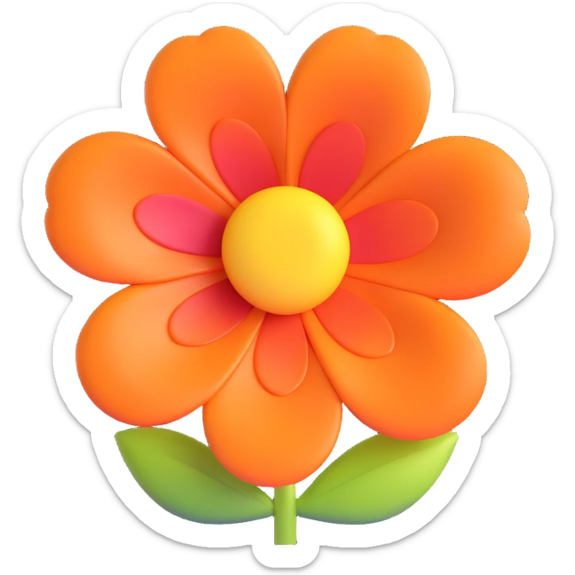 3D iOS icon of the flower, designed to be vibrant and eye-catching with a playful touch. The petals should have a glossy finish with soft, rounded edges, and the center should be detailed yet simple. The overall design should be modern and clean, fitting well within the iOS aesthetic. sticker