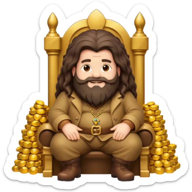 A cartoon Hagrid sitting on a throne made of gold, with piles of treasure around him, looking happy and rich, emoji style sticker