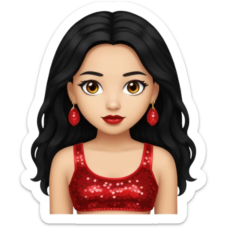Jade from Bratz with long black hair, light skin, brown eyes, red sequin crop top sticker