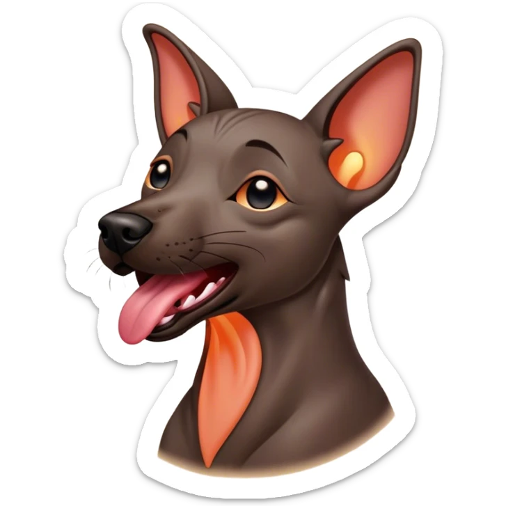Cinematic Cute Yawning Xoloitzcuintle dog Portrait Emoji, Head tilted slightly with a dramatic, wide-open yawn, showcasing smooth, hairless ebony skin with gently relaxed wrinkles and floppy ears slightly drooping, round dark eyes barely open in drowsy contentment, Simplified yet irresistibly adorable features, highly detailed, glowing with a soft, cozy glow, high shine, relaxed yet expressive, stylized with a touch of whimsy, bright and endearing, soft glowing outline, capturing the essence of a sleepy yet affectionate guardian, so drowsy it feels like it could stretch out of the screen and curl up for a nap! sticker