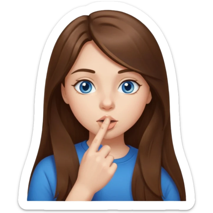 a girl with long hair, blue eyes telling to be quiet with the finger near her mouth sticker