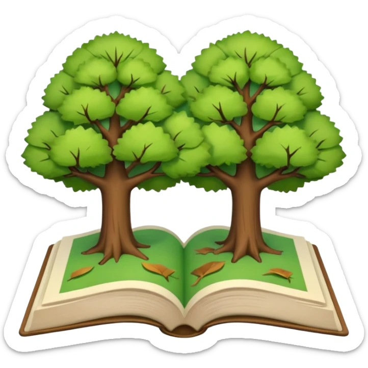 A 3D cartoon open book showing illustrations of two trees—one green and one dry—clean background, soft shadows, realistic Memoji-style look. sticker