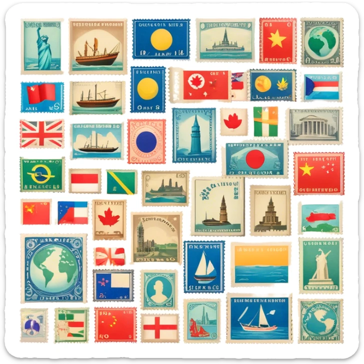 Icon for Stamp Collecting: a collection of vintage and colorful stamps arranged in an album or on a desk, showcasing various countries and themes. The icon should reflect the charm and history of philately. Transparent background. sticker