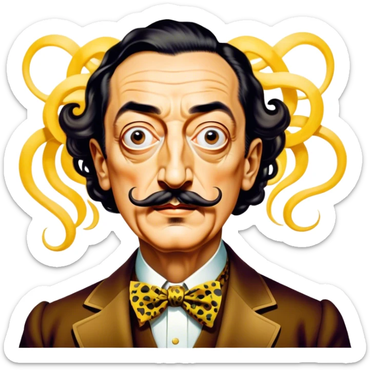 Cinematic Realistic portrait of Salvador Dalí, depicted as a surrealist artist with eccentric, expressive features and his iconic mustache, rendered with vibrant, imaginative lighting and richly detailed period attire that capture his avant-garde essence. sticker