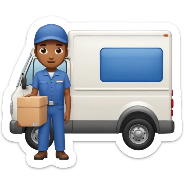 emoji of delivery truck with empty cargo area and a delivery man is standing nearby in waiting pose, dressed in work uniform sticker