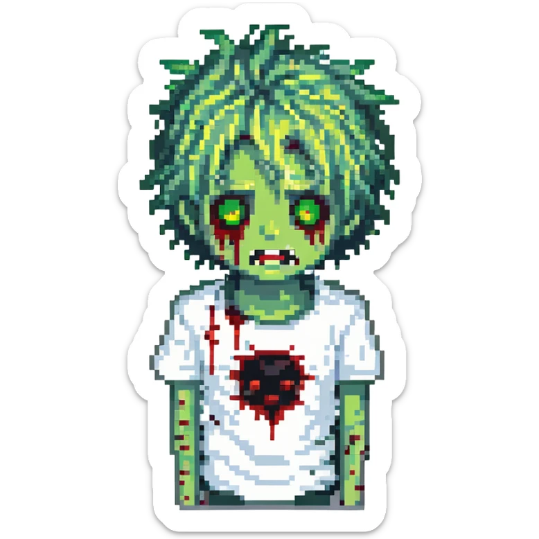 boy zombie emoji with pale whitish green skin, spiky anime hair, blood coming out of eyes, blood on white shirt sticker