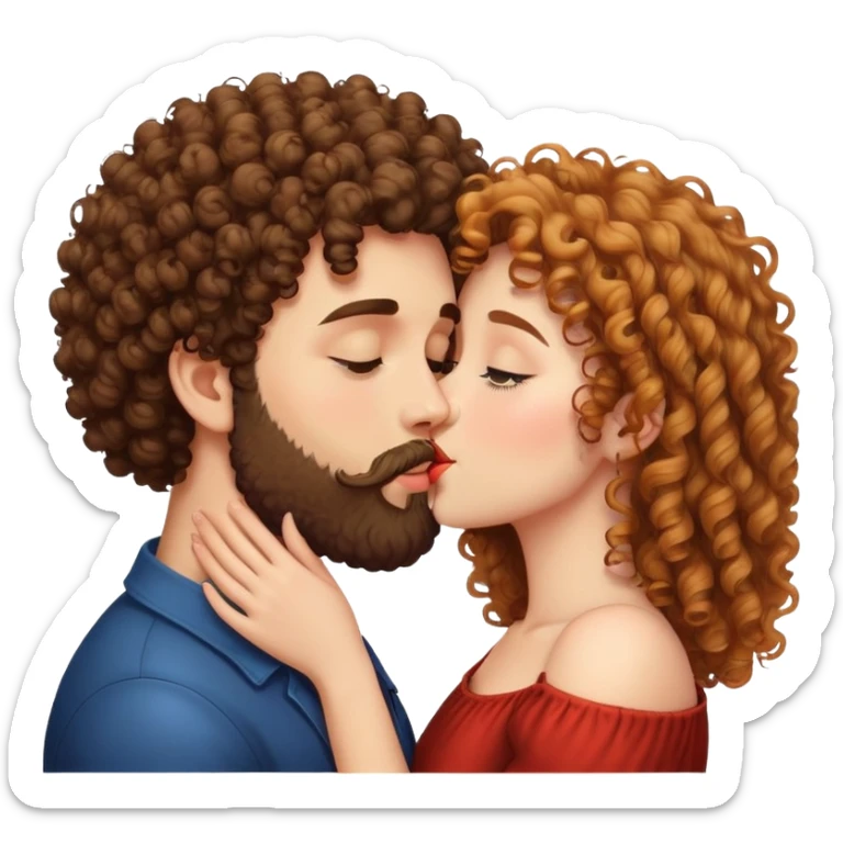 curly haired girl kissing a man with a beard, romantic couple kiss sticker