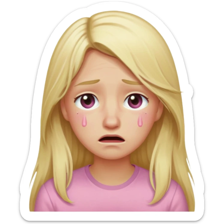 blonde with long hair and swamp-colored eyes, wearing a pastel pink shirt, crying, iOS Apple emoji style sticker