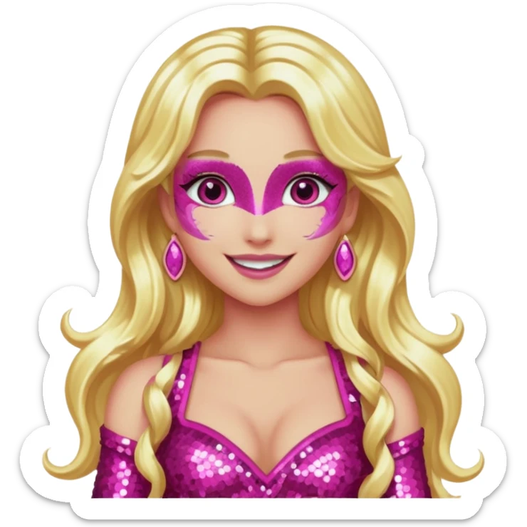 Venus, Love Goddess with metallic pink skin, long blonde hair, dark pink sequin outfit sticker