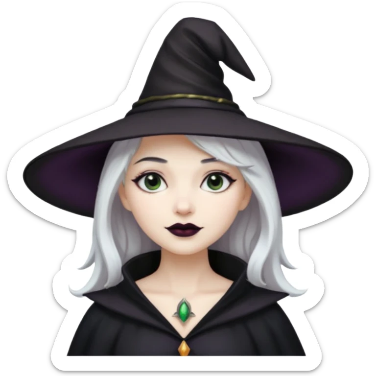 White hair pale skin woman with black lipstick wearing a witch hat sticker