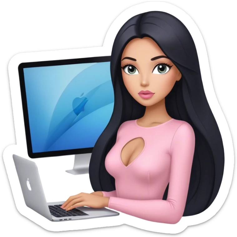 Glamours, tanned, very beautiful girl, with big pump peach-beige-rose lips, long lashes, black straight smooth silky long hair, straight parting hair, blue-grey eyes, in light-pink bodysuit holding MacBook sticker