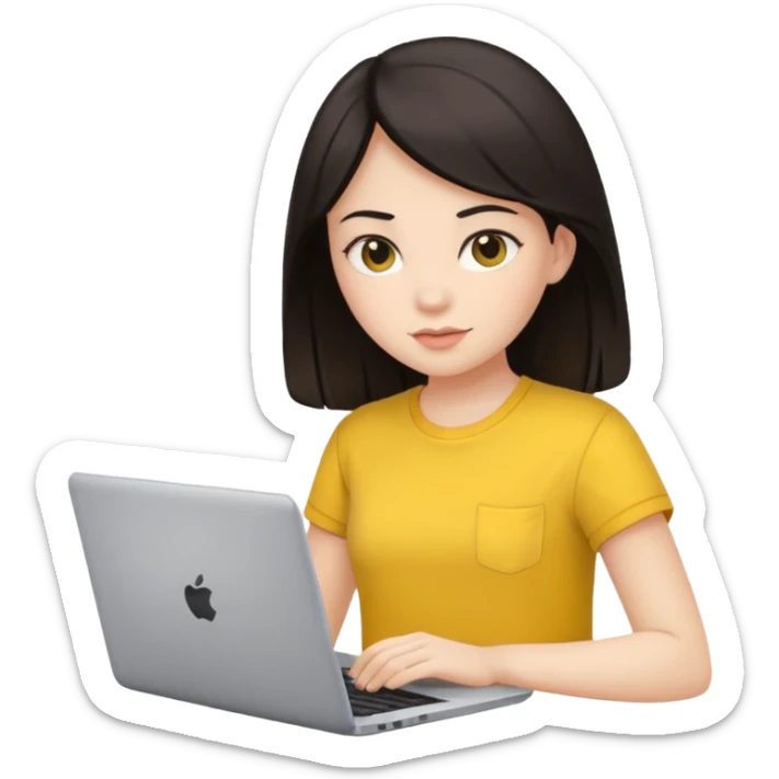 girl on a laptop, dark hair white skin and yellow shirt sticker