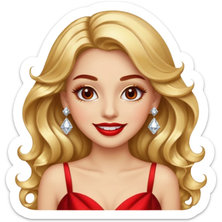 “Emoji girl, glamorous smile, shimmering gold eyeshadow, bold red lips, voluminous waves, dramatic lashes, wearing diamond earrings and gold gown.” sticker