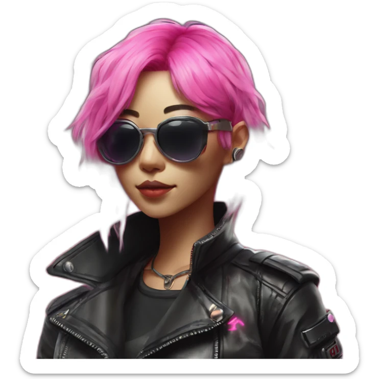 A Japanese woman with Pink hair wearing sunglases with Neon highlights and is also waering a leather jacket in a cyberpunk style sticker