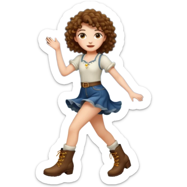 full body woman short curly brown mullet hair brown eyes white skin dancing with fireflies around boots sticker