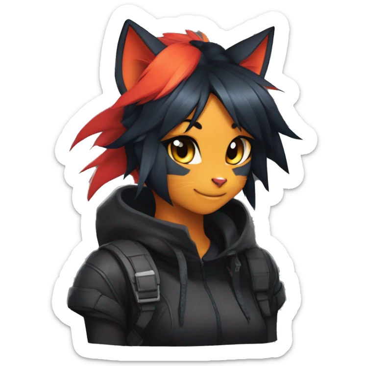 Edgy Shy Anthro boyish cool pretty dark black Litten-Pokémon-cat-fursona-animal techwear ponytail sticker