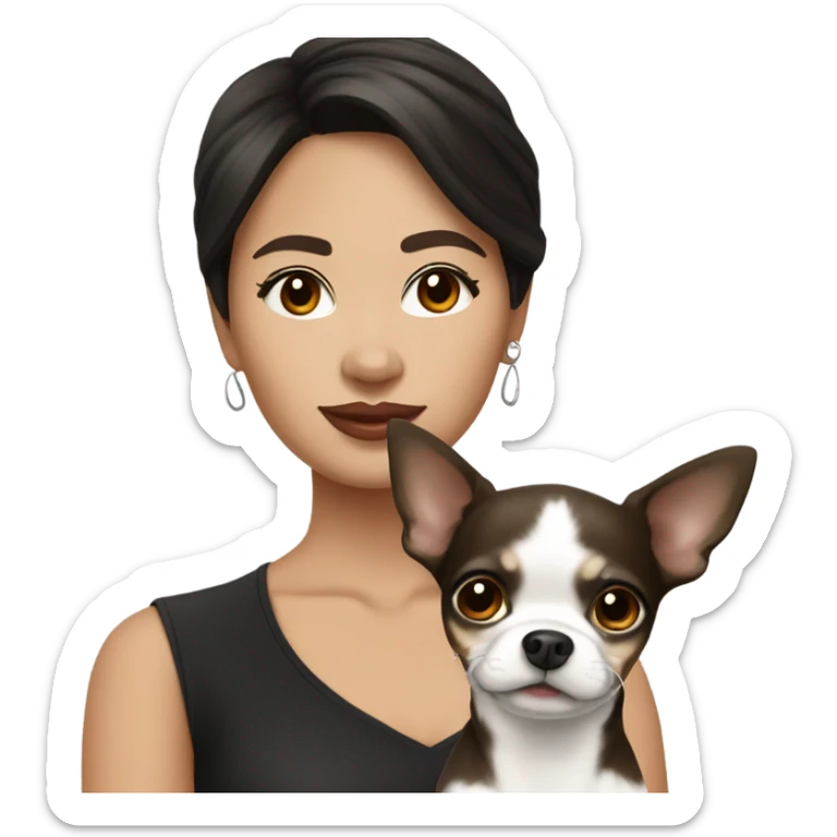 Wavy dark brown short hair Filipino lady with black and white Chihuahua  sticker