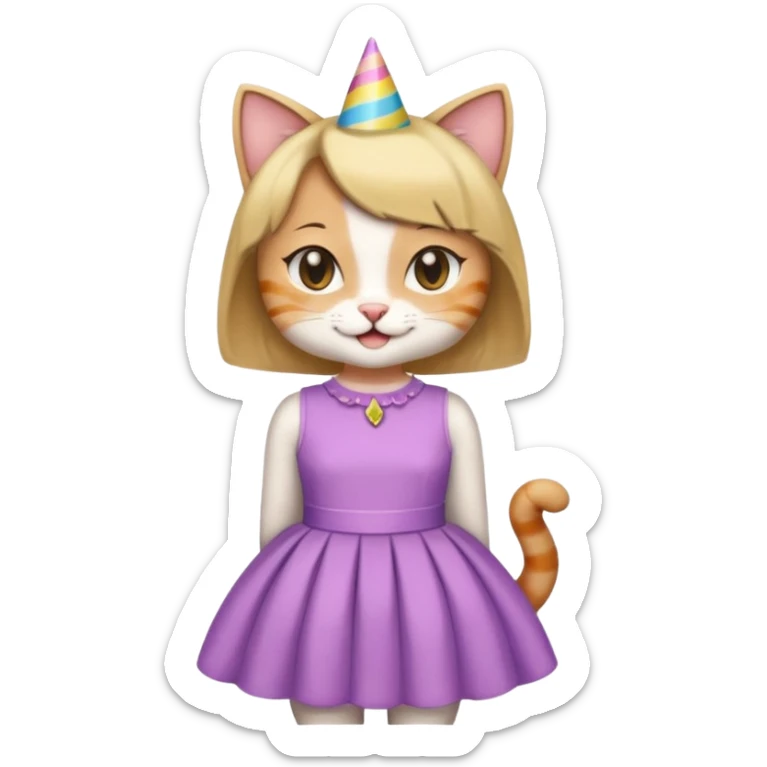 happy girl cat with a bob haircut wearing a birthday dress sticker