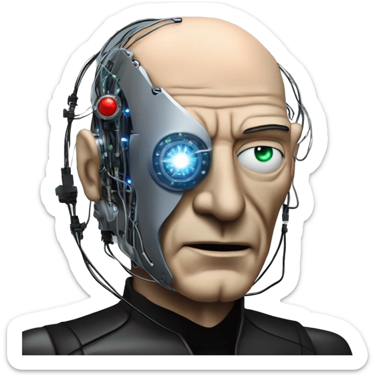 Jean luc picard from Star Trek assimilated by the Borg, with mechanical metal covering the left side of his face, with wires and a red light on the left side. Both his eyes are blue. sticker